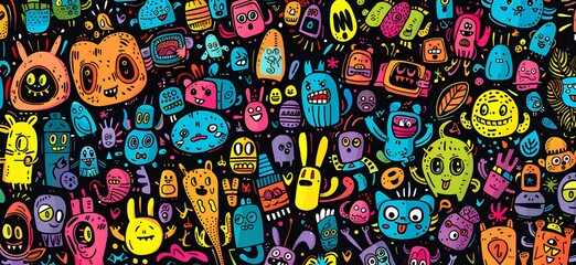 black background with many small doodles of cute cartoon characters, colorful ink pen drawing, vibrant, fun, cute