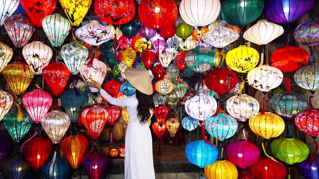 Asian woman wearing Ao Dai Vietnamese dress with colorful lanterns, traveler sightseeing at Hoi An ancient town in central Vietnam.