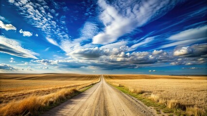 A barren, winding dirt road stretches into the horizon, surrounded by vast, open fields and a clear blue sky with a few wispy clouds.