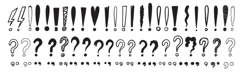 Doodle exclamation marks, question marks. Punctuation drawing black marks, Hand drawn exclamation point