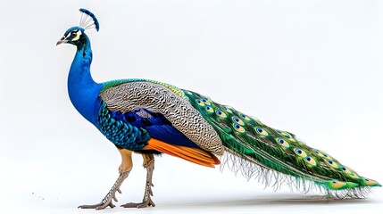 Fototapeta premium Regal peacock displaying vibrant plumage in a lush garden on a pristine white backdrop exuding elegance and pride