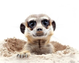 Curious Meerkat Peering from Burrow on White Background