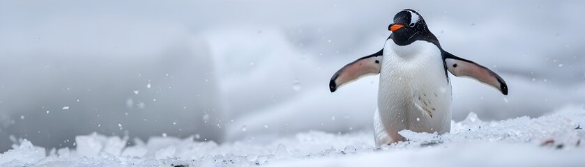 Fototapeta premium Playful Penguin Waddling on Icy White Background with Focused Animal Concept and Copy Space