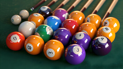 A close-up of pool balls and cues arranged on a billiard table ready for play