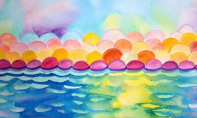 Background of bright watercolours in the shape of raindrops on a water surface, gentle pastel colours. Kid paining. 