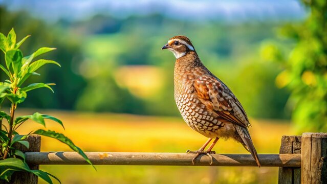 A beautifully plumaged northern bobwhite quail perches on a rusty farm gate, surrounded by lush greenery and sun-drenched rural landscape on a warm summer day.