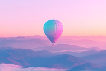 Fototapeta premium Hot air balloon floating over misty mountains at dawn