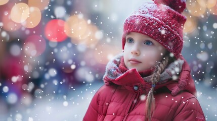 Fototapeta premium Young Girl in Red Winter Clothing Looking Up at Snow Falling