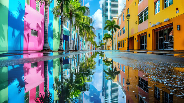 A colorful urban street with reflections of skyscrapers and palm trees in the water
