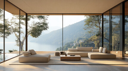 Fototapeta premium Minimalist Living Room, A simple and modern living room featuring large windows that offer stunning scenic views, creating a tranquil and inviting atmosphere