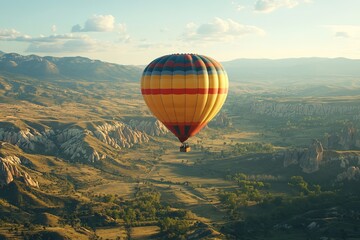Obraz premium Hot air balloon over scenic landscape at sunset