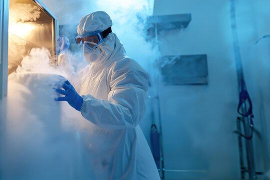 Lab assistant performing cryogenic preservation of biological samples, ultra-cold freezer, safety gear.