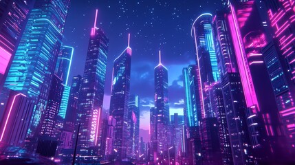 Fototapeta premium Urban landscapes with towering, ultra-modern skyscrapers and neon-lit streets, showcasing the futuristic architecture of a thriving metropolis
