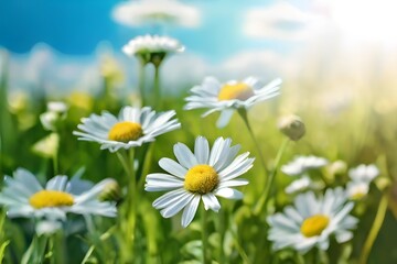 Green spring meadow with nature field grass in summer under sunny sky sun shining on flowers garden landscape fresh day floral daisy and blue outdoor herb light bright chamomile park rural cloud Gener