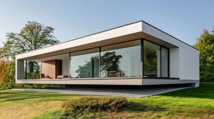 Modern house with large windows overlooking a grassy lawn.