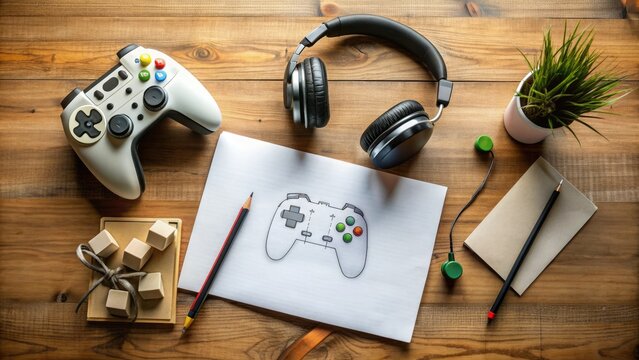A Bird'S-Eye View Of A Desk With Various Gaming-Related Objects, Including A Controller, Headset, And Icons Drawn On Paper.