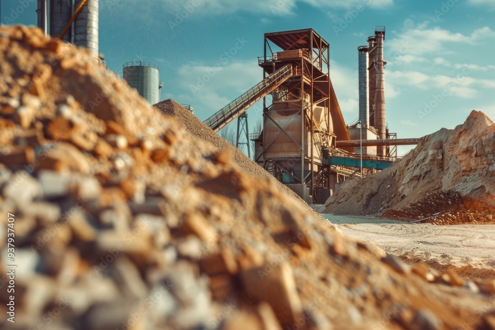 Poster A large pile of dirt next to a construction building with a simple structure and no embellishments