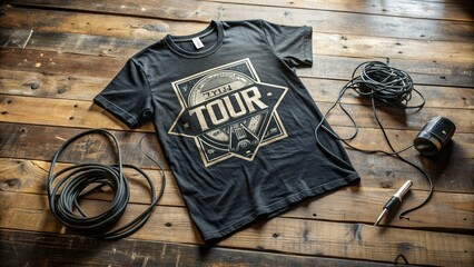 A black tour t-shirt with a distressed print of a fictional rock band's logo, crumpled on a...