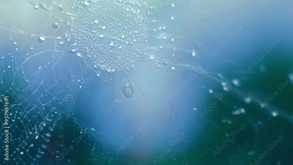 Poster tiny beads of water clinging to the silken threads of a spider web, creating a mesmerizing pattern o