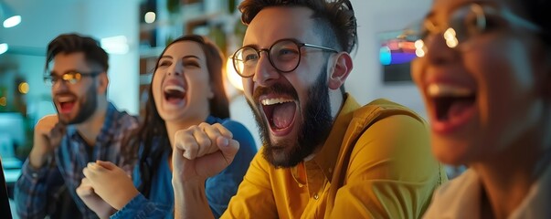 Excited Office Colleagues Celebrating New Project Launch in Modern Workspace