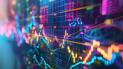 
A dynamic display of stock market data with fluctuating graphs and figures