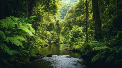 Obraz premium A lush forest with diverse wildlife, vibrant green foliage, and a clean river running through