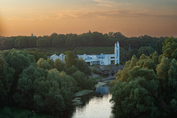 The river station near the Desna river in the evening in the city of Chernihiv, Ukraine.