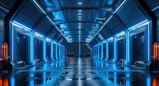 Entrance plaza of a covert sci-fi space hangar facility with modern design in black metal with blue paint accents, at night. Generative AI.