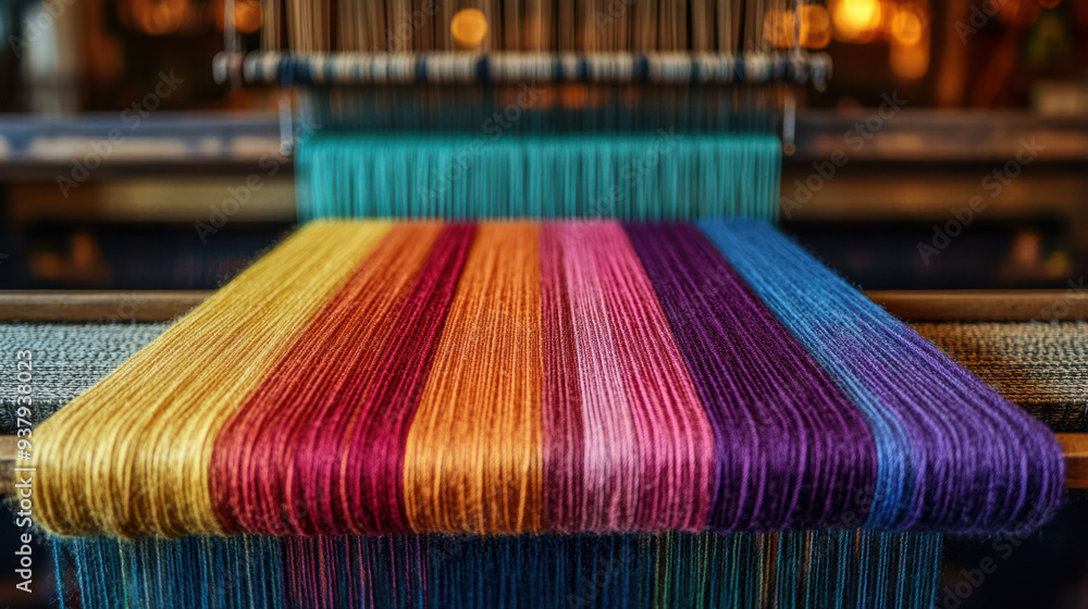 Poster weaving loom, a vibrant array of colorful threads arranged on a weaving loom, ready to be transforme