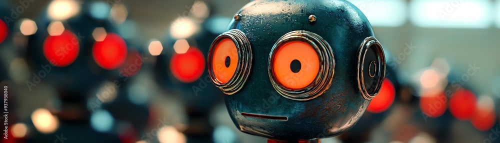 Poster a close-up view of a retro robot with expressive eyes, showcasing intricate details and a captivatin