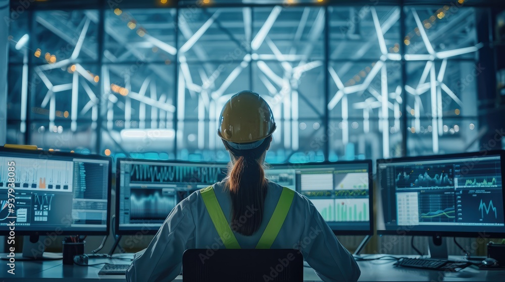 Aufkleber engineer working in control room, overseeing the performance of a wind farm on multiple screens, uti