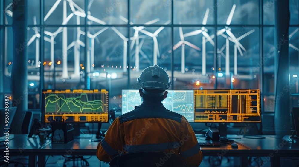 Poster Engineer working in control room, overseeing the performance of a wind farm on multiple screens, utilizing AI-driven systems to maximize efficiency and sustainability. Generative AI.