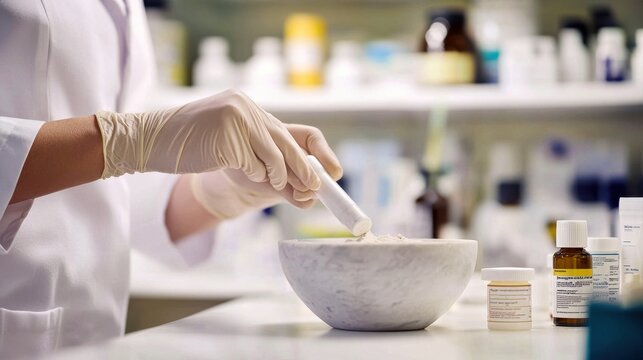 A pharmacist prepares compounded medication using a mortar and pestle in a clean, professional pharmacy lab, emphasizing precision in custom pharmaceutical preparations.

