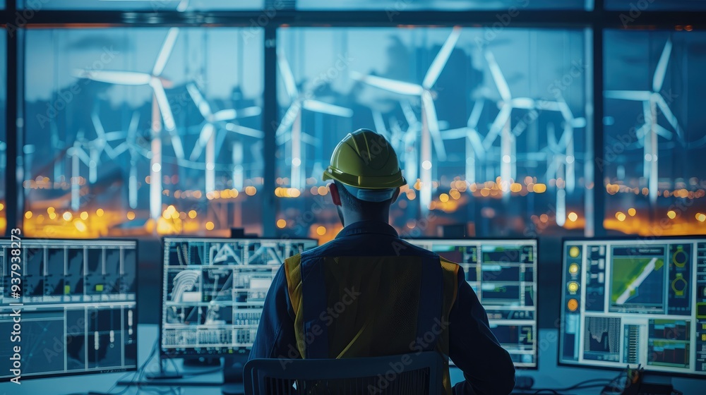 Poster engineer working in control room, overseeing the performance of a wind farm on multiple screens, uti