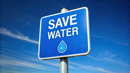 A blue rectangular sign with white bold font and a droplet icon, reading 'Save Water' mounted on a pole against a clear blue sky backdrop.