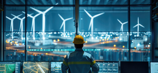 Engineer working in control room, overseeing the performance of a wind farm on multiple screens, utilizing AI-driven systems to maximize efficiency and sustainability. Generative AI.