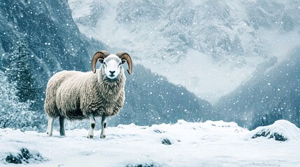 Naklejka premium Majestic Horned Sheep Amidst Snowy Valley: A Stunning Poster for Outdoor Enthusiasts, Perfect for Sporty Interiors and Nature Lovers