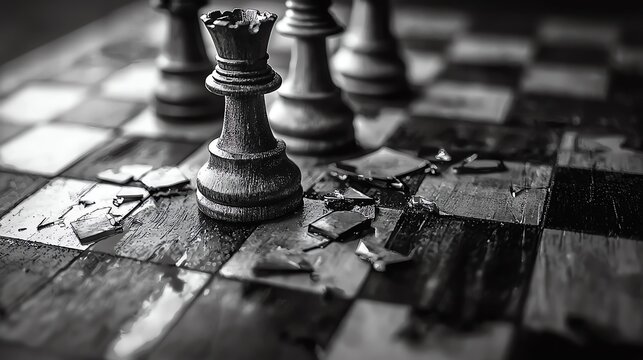 A dramatic black and white close-up of a chessboard with fallen pieces, symbolizing defeat and strategy in the game of chess.