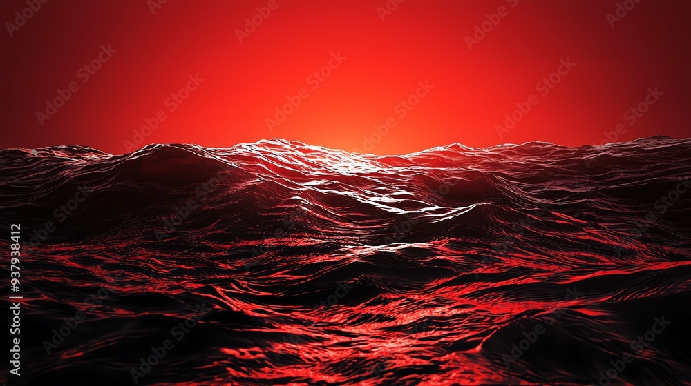 Poster a dramatic ocean scene with waves illuminated by a vivid red sunset, creating an intense and captiva