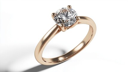 3D rendering, white background, gold solitaire engagement ring with a diamond on top