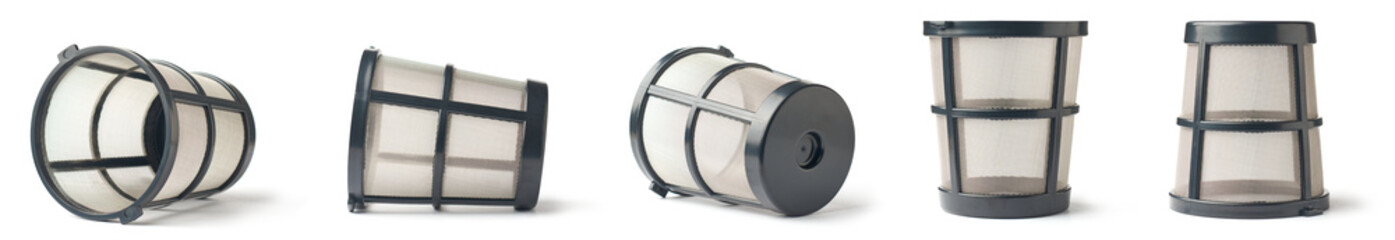 household vacuum cleaner HEPA dust filter mesh cover isolated white background, service household equipment concept, cartridge filtration capture trap fine dirt, bacteria or airborne contaminants