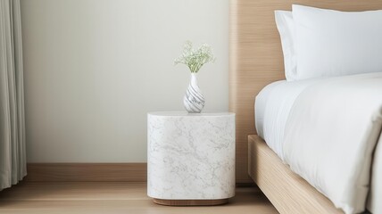 Marble side table with a minimalist design in a contemporary bedroom, marble furniture, sustainable accent piece