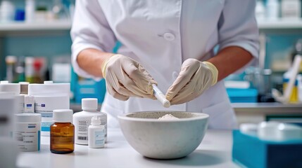 A pharmacist prepares compounded medication using a mortar and pestle in a clean, professional pharmacy lab, emphasizing precision in custom pharmaceutical preparations.

