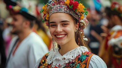 Fototapeta premium Vibrant Culture Unleashed: A Joyful Celebration in Traditional Attire - Perfect for a Colorful Sports Interior Poster!