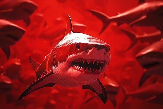 A fierce shark swims through a vibrant red underwater scene, showcasing its powerful presence among other fish.