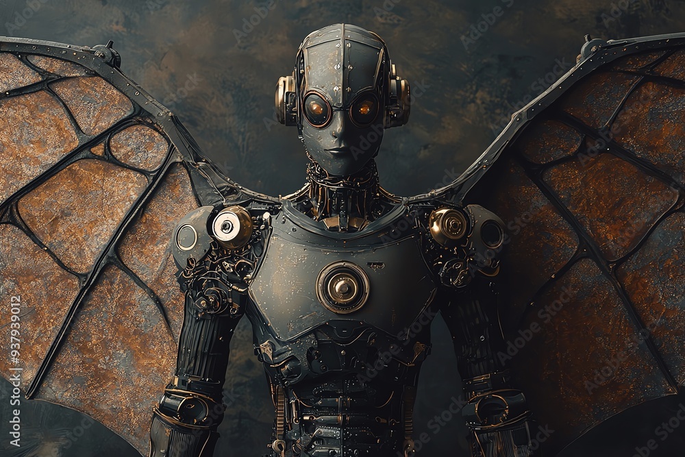 Poster a futuristic robot with mechanical wings, showcasing intricate design and steampunk elements against