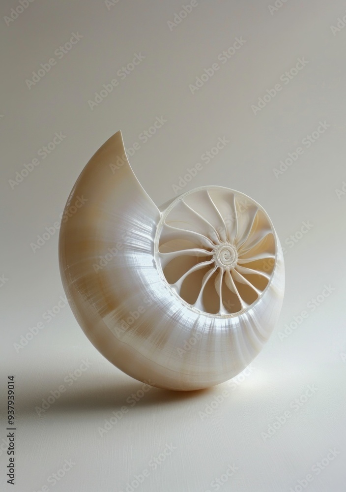Aufkleber elegant white nautilus shell with intricate internal structure on a soft beige background