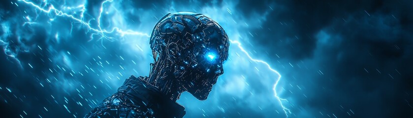A futuristic robotic figure illuminated by blue light against a stormy backdrop, conveying a sense of advanced technology and mystery.