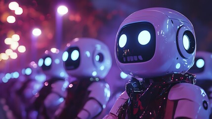 A futuristic scene featuring a lineup of robots with glowing eyes, illuminated by vibrant purple and pink lights.