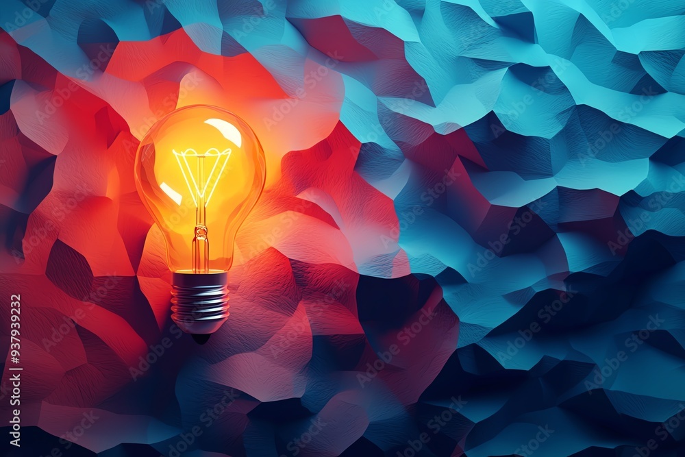 Poster a glowing light bulb illuminating a textured background with vibrant red and blue hues, creating a c